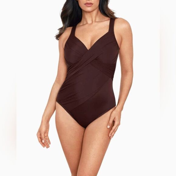 $180 NEW MIRACLESUIT Rock Solid Revele One Piece Swimsuit brown Sumatra 12 NWT - Picture 1 of 2